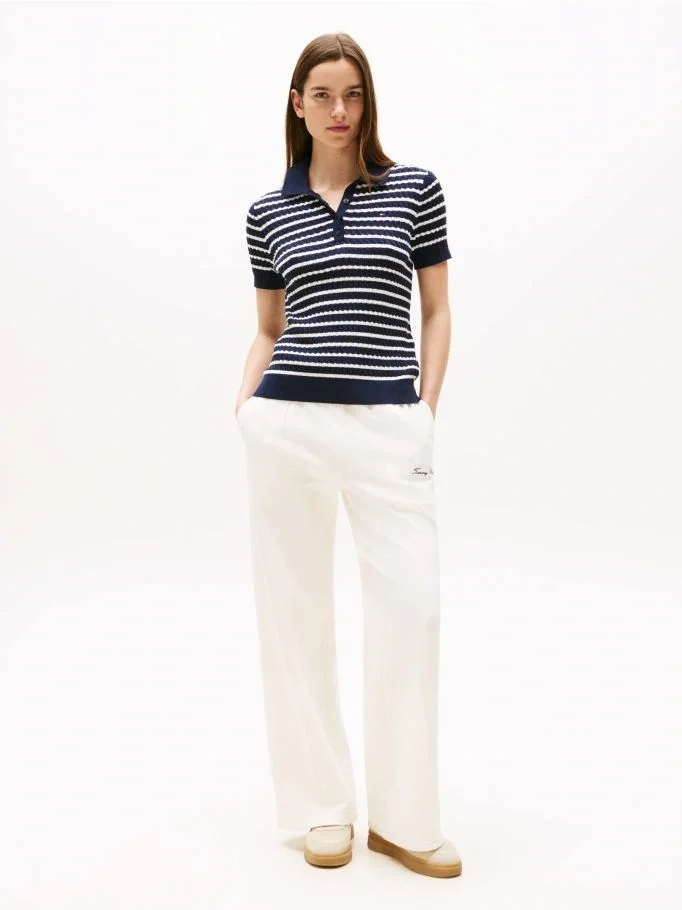 Tommy Hilfiger Kadın Pamuklu İnce Örgü Kısa Kollu Mavi Polo Yaka Kazak WW0WW414740BB