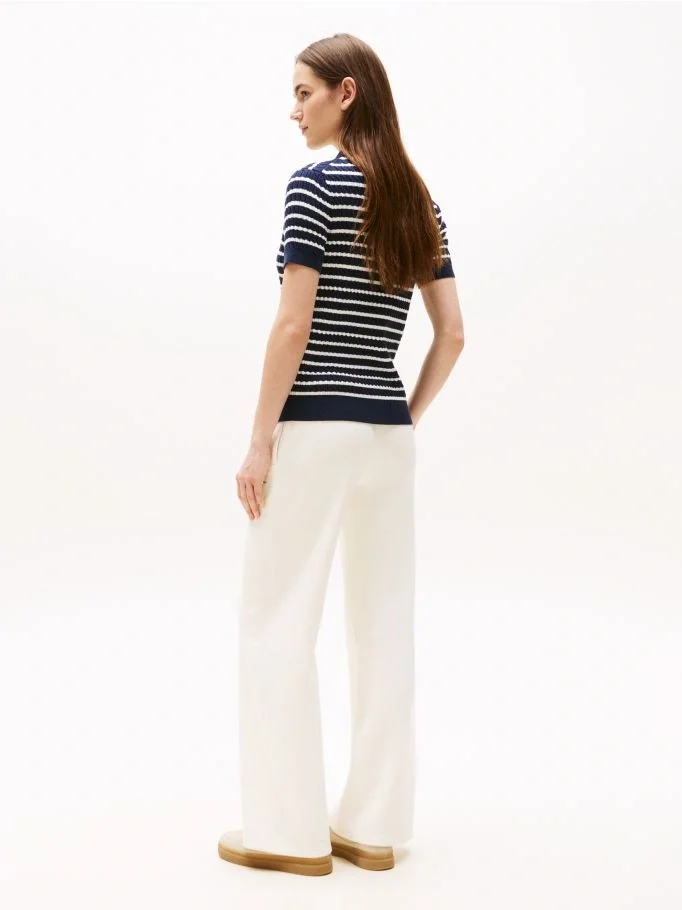 Tommy Hilfiger Kadın Pamuklu İnce Örgü Kısa Kollu Mavi Polo Yaka Kazak WW0WW414740BB