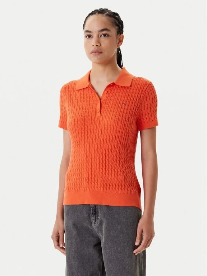 Tommy Hilfiger Kadın Pamuklu İnce Örgü Kısa Kollu Turuncu Polo Yaka  Kazak WW0WW41474SCX
