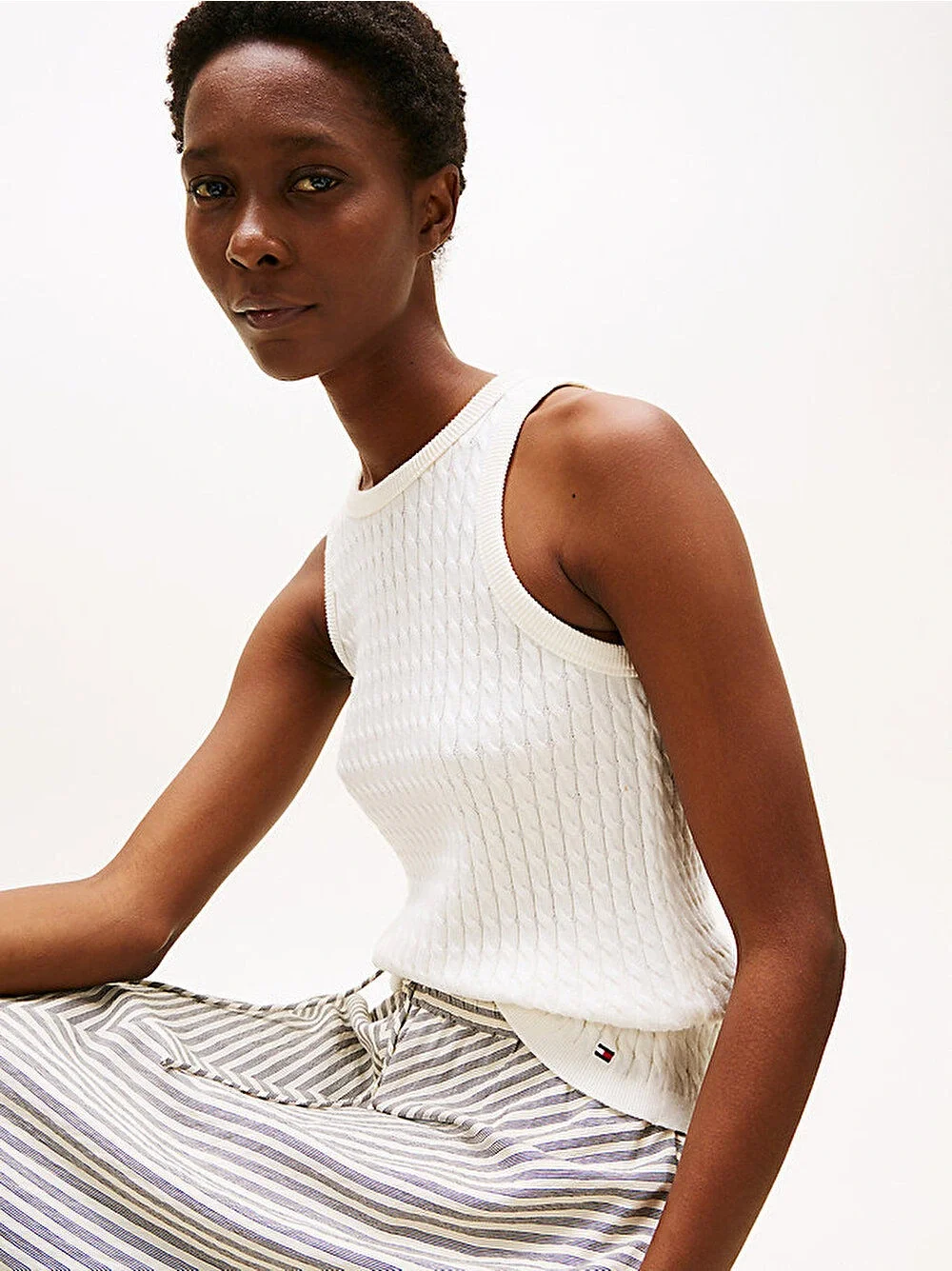 Tommy Hilfiger Kadın Pamuklu İnce Örgü Kolsuz Dar Kesim Beyaz  Triko  WW0WW45706YA8