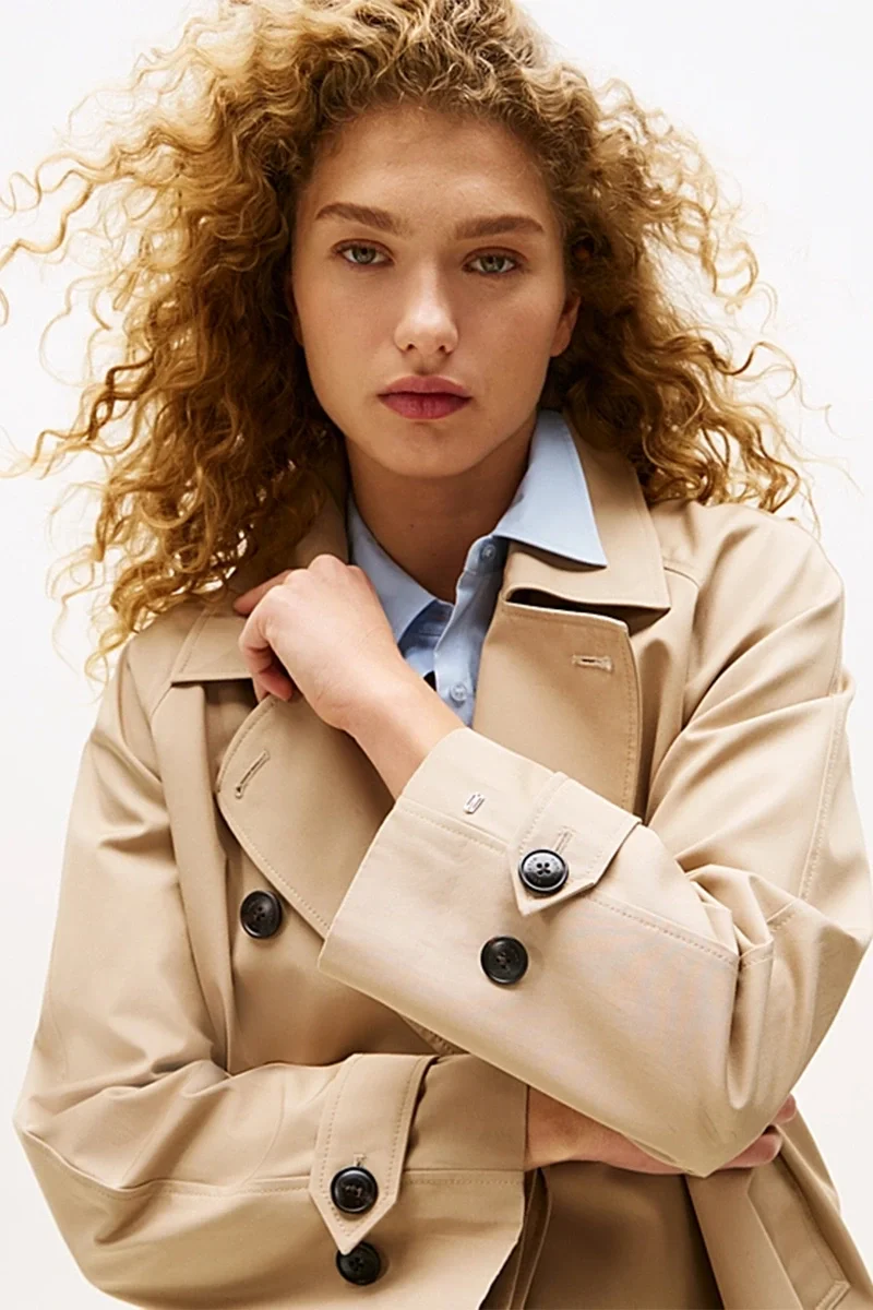 Tommy Hilfiger Kadın Pamuklu Normal Kesim Kısa Bej Mont WW0WW45618AEG