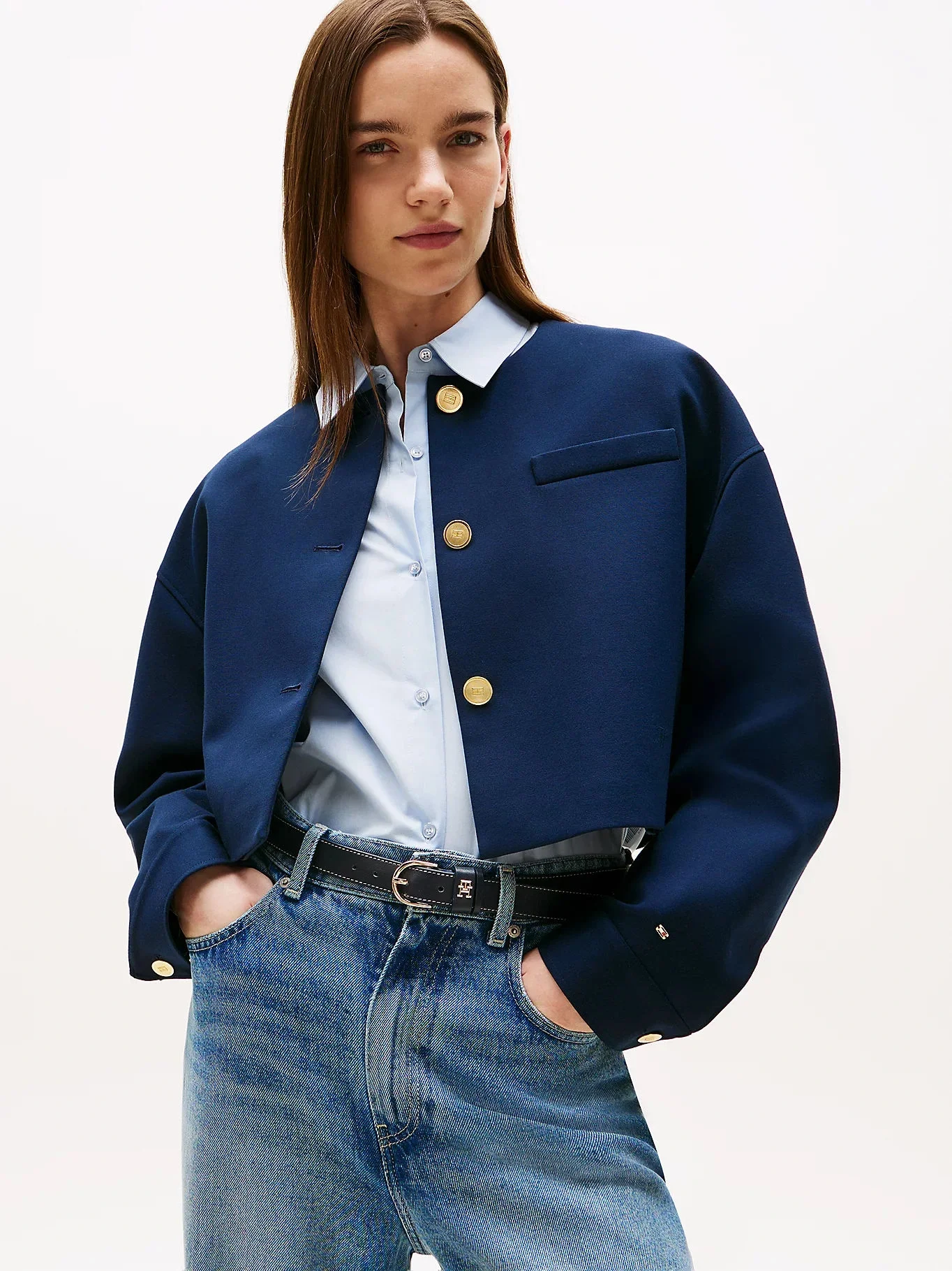 Tommy Hilfiger Kadın Punto Kumaş Kısa Mavi Blazer Ceket WW0WW46519C1G