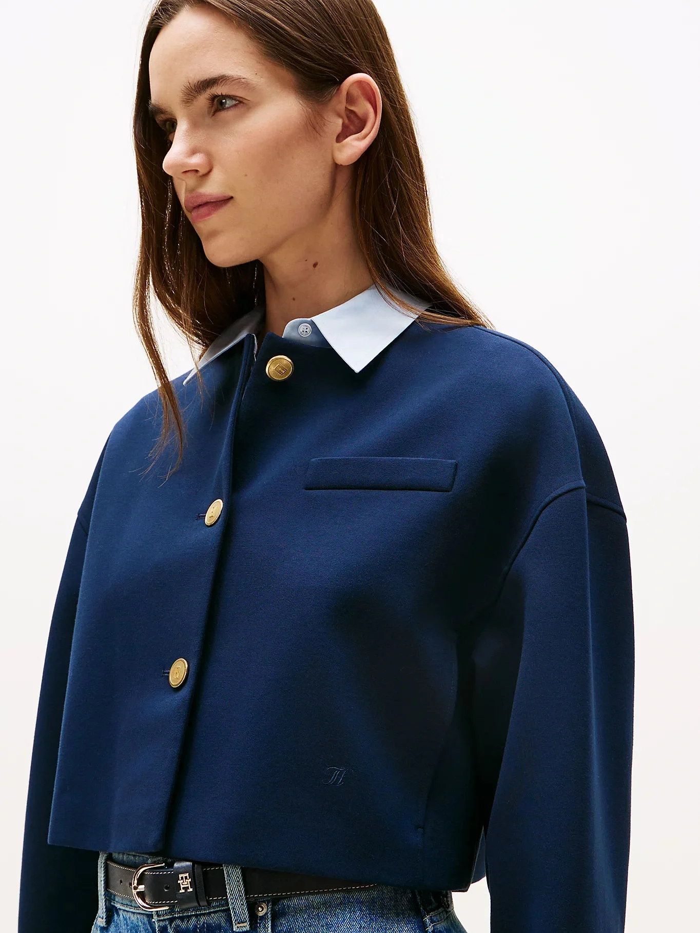 Tommy Hilfiger Kadın Punto Kumaş Kısa Mavi Blazer Ceket WW0WW46519C1G