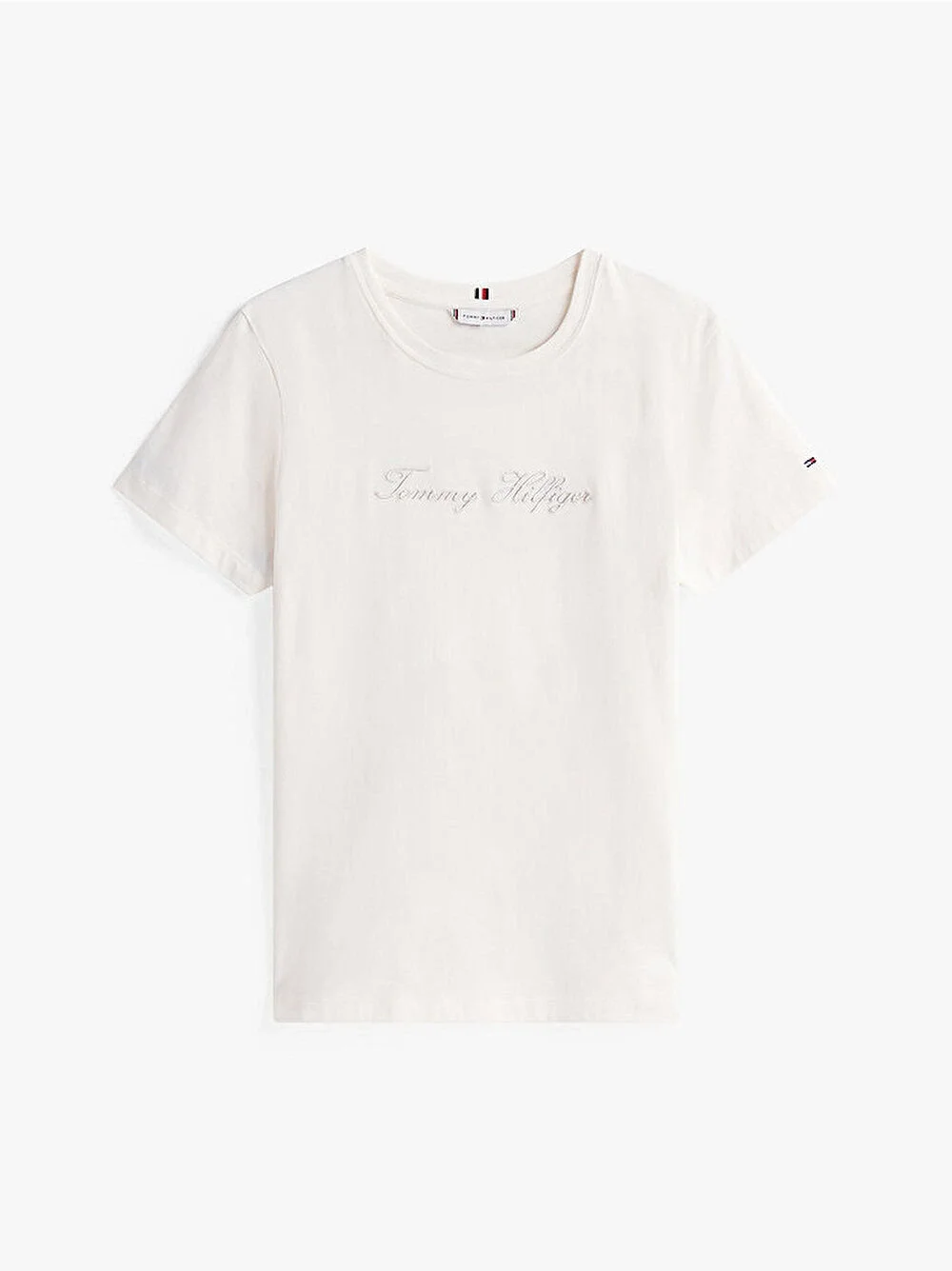 Tommy Hilfiger Kadın Simli Yazı Baskılı Normal Kesim Kısa Kollu Beyaz T-shirt WW0WW47210YA8