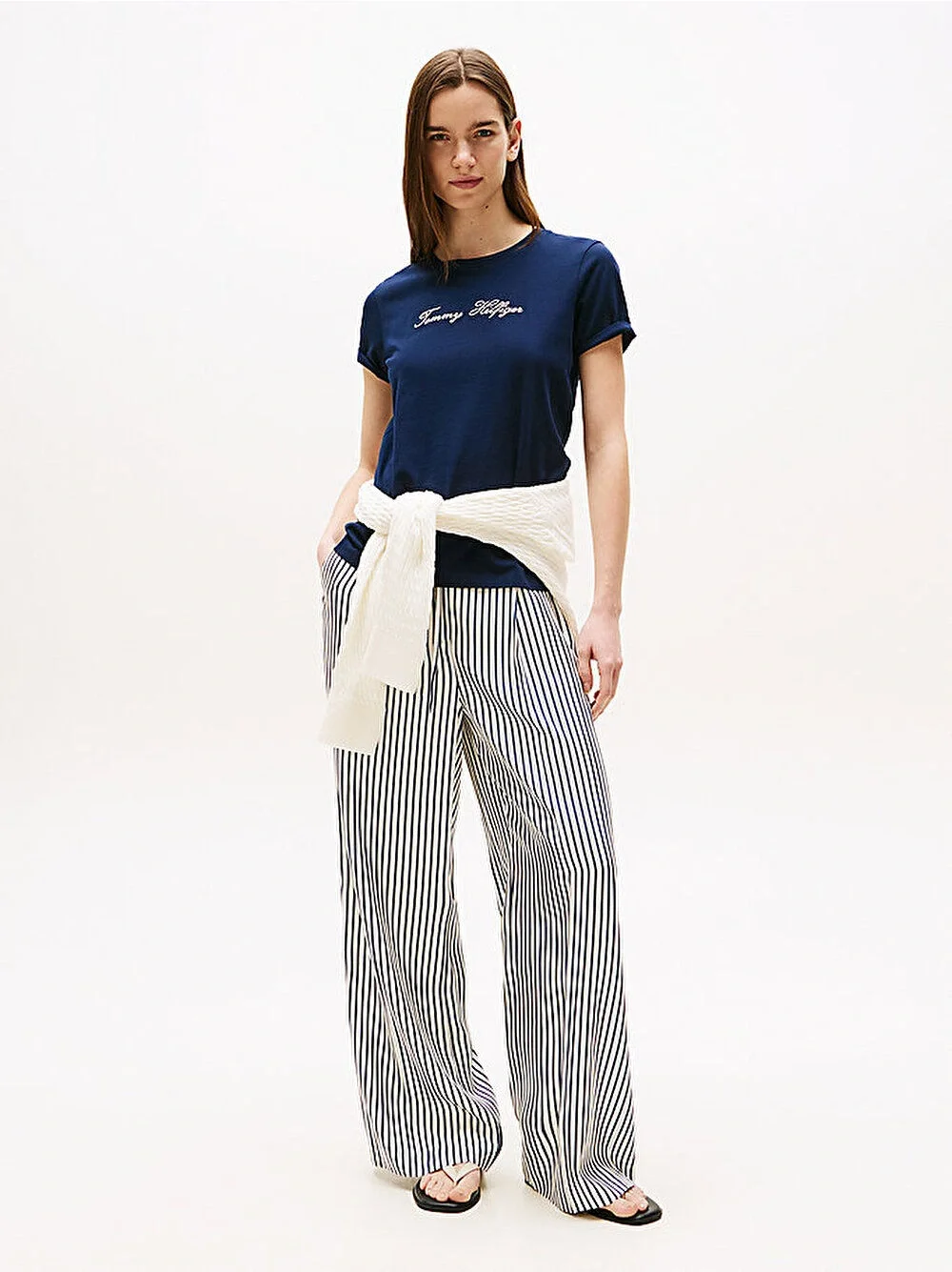 Tommy Hilfiger Kadın Simli Yazı Baskılı Normal Kesim Kısa Kollu Mavi T-shirt WW0WW47210C1G