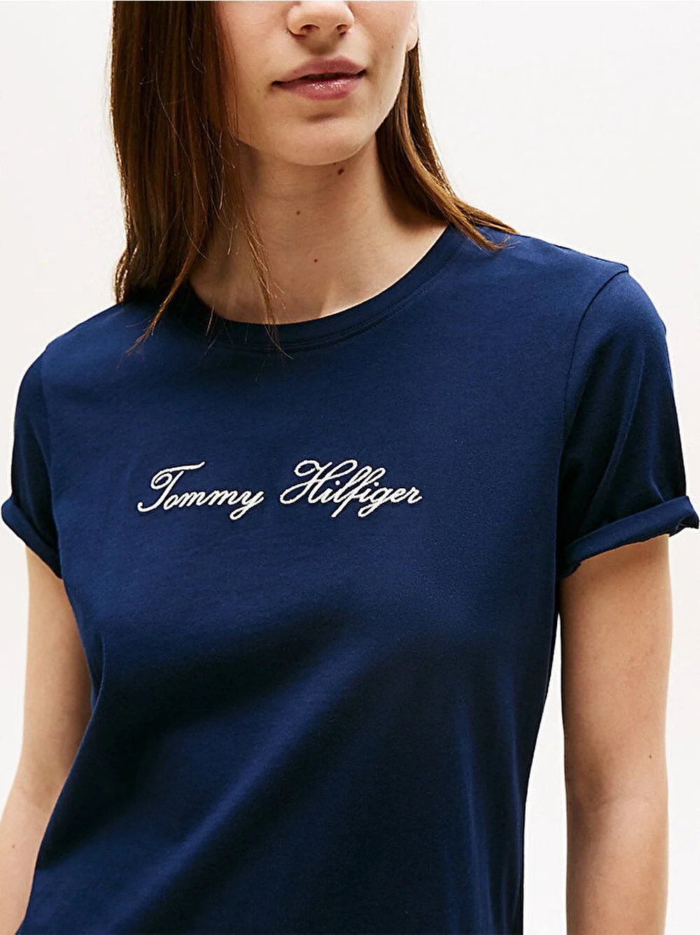 Tommy Hilfiger Kadın Simli Yazı Baskılı Normal Kesim Kısa Kollu Mavi T-shirt WW0WW47210C1G
