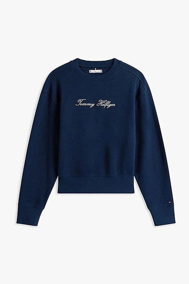 Tommy Hilfiger Kadın Simli Yazı Baskılı Normal Kesim Mavi Kazak WW0WW47159C1G