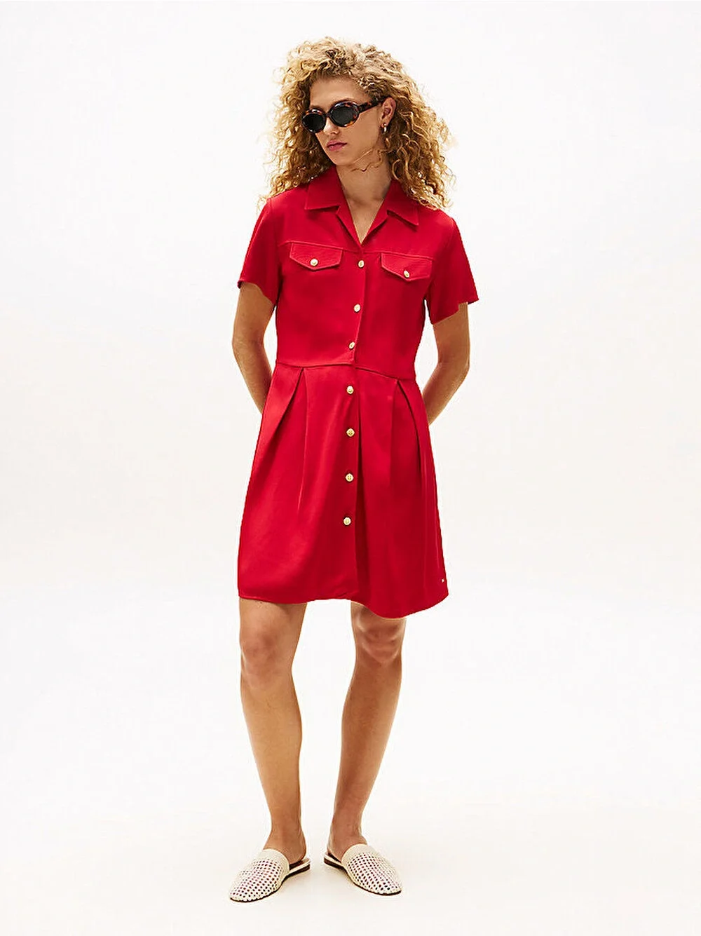 Tommy Hilfiger Kadın Viskon Twill Kısa Kollu Kloş Mini Kırmızı Elbise WW0WW45819XLD