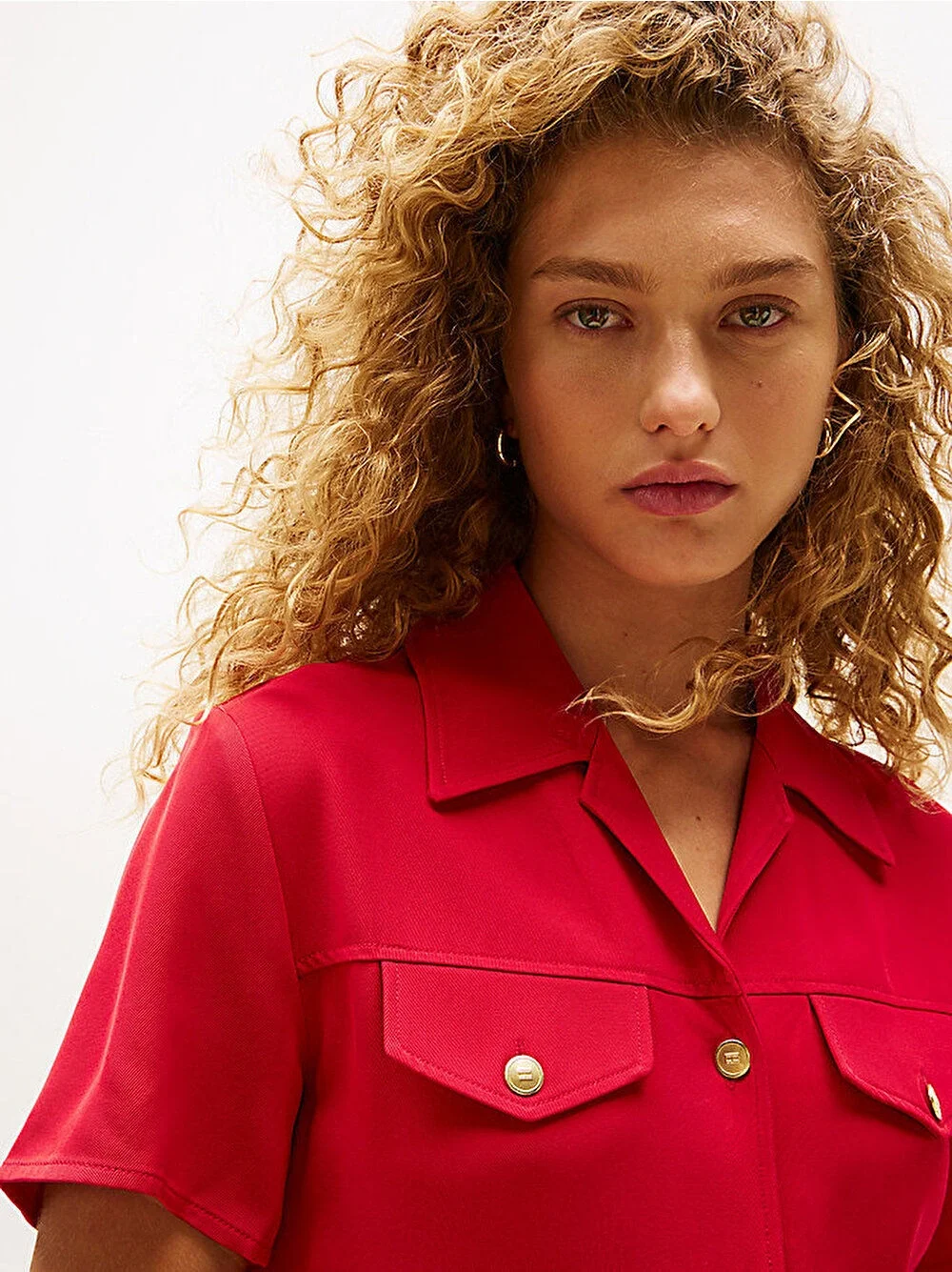 Tommy Hilfiger Kadın Viskon Twill Kısa Kollu Kloş Mini Kırmızı Elbise WW0WW45819XLD