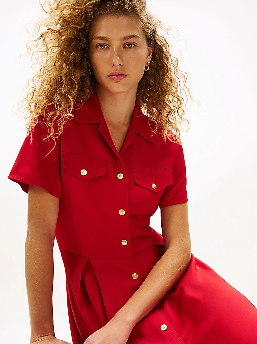 Tommy Hilfiger Kadın Viskon Twill Kısa Kollu Kloş Mini Kırmızı Elbise WW0WW45819XLD