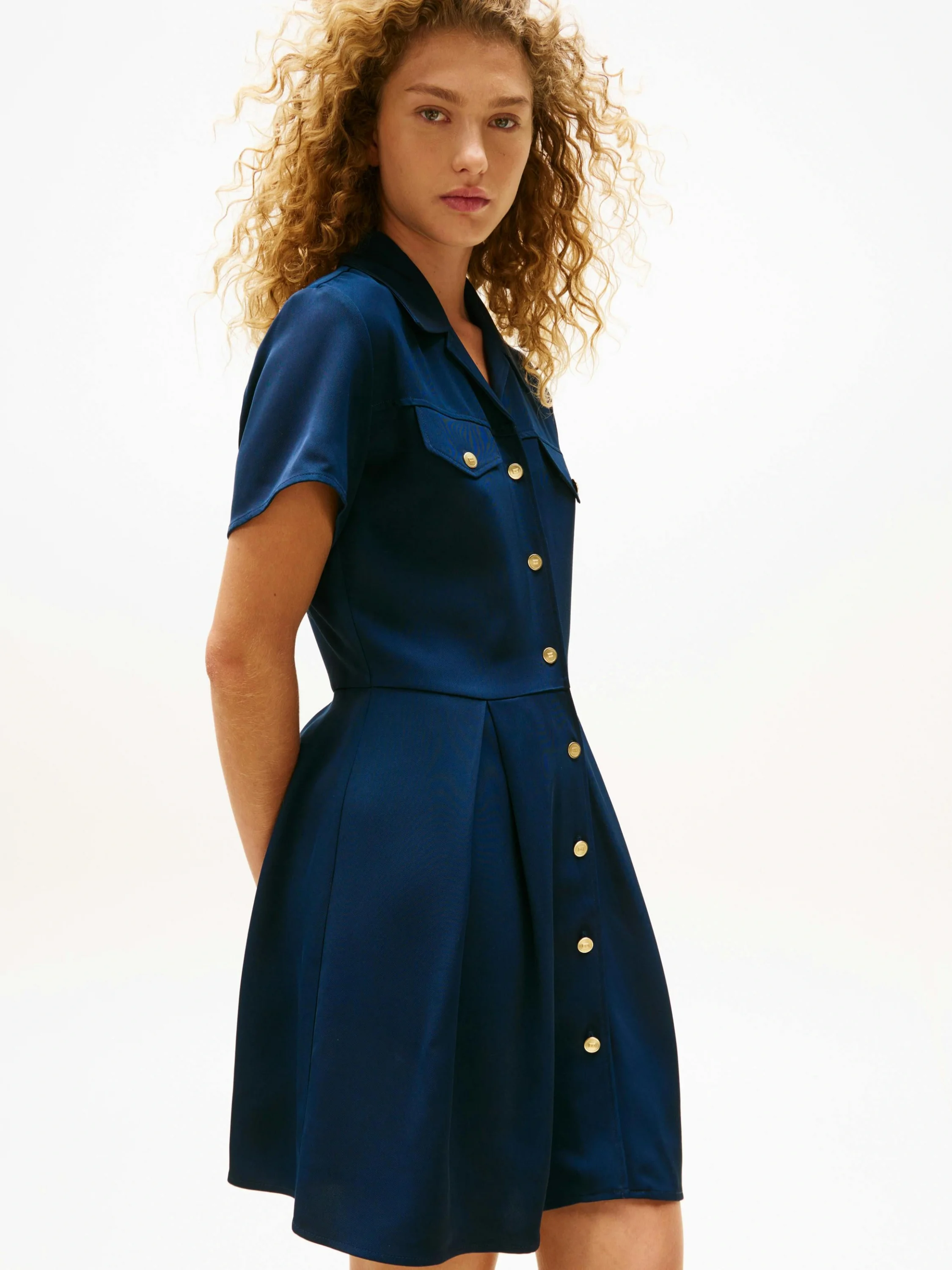 Tommy Hilfiger Kadın Viskon Twill Kısa Kollu Kloş Mini Mavi Elbise WW0WW45819C1G