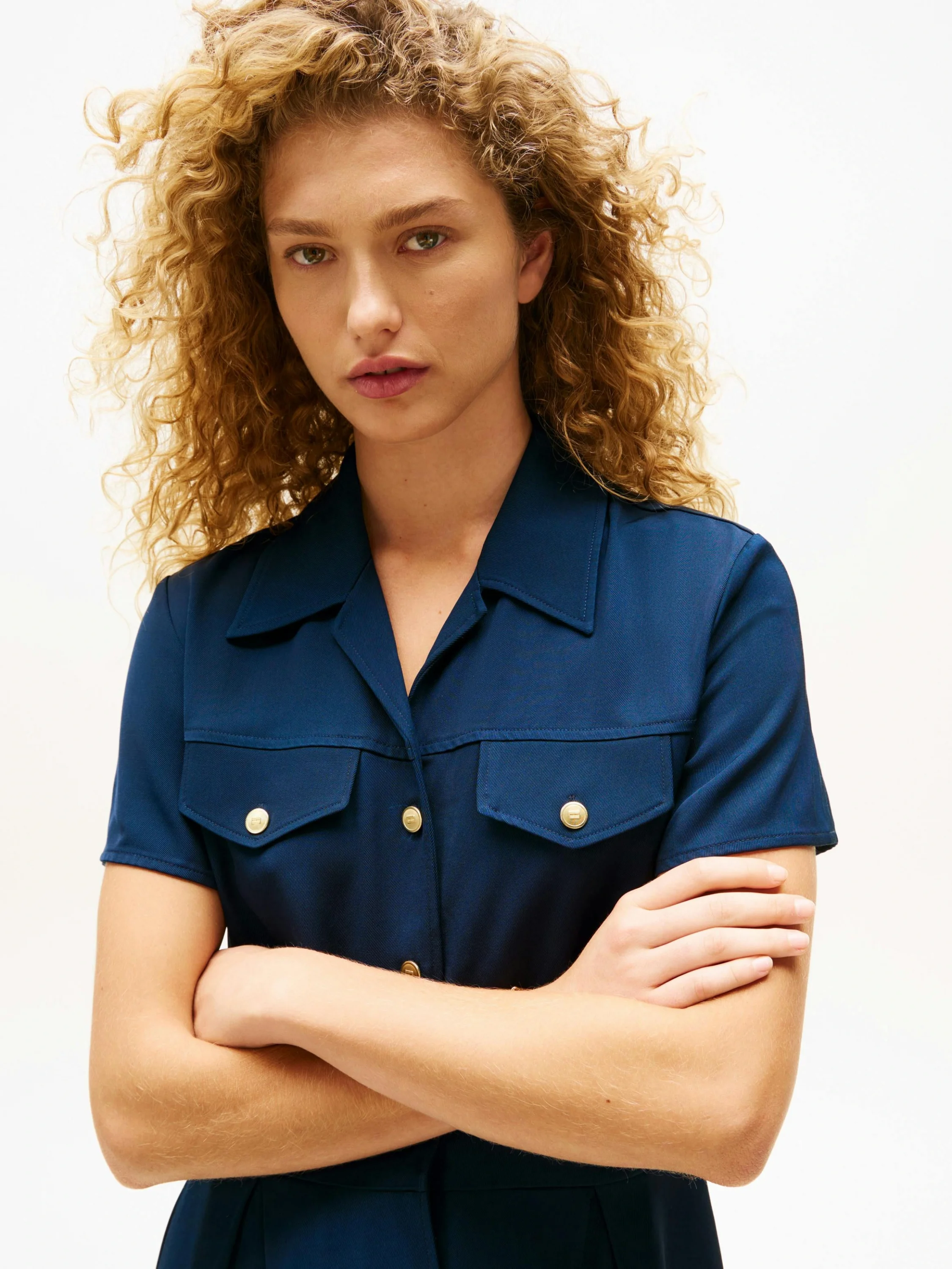 Tommy Hilfiger Kadın Viskon Twill Kısa Kollu Kloş Mini Mavi Elbise WW0WW45819C1G