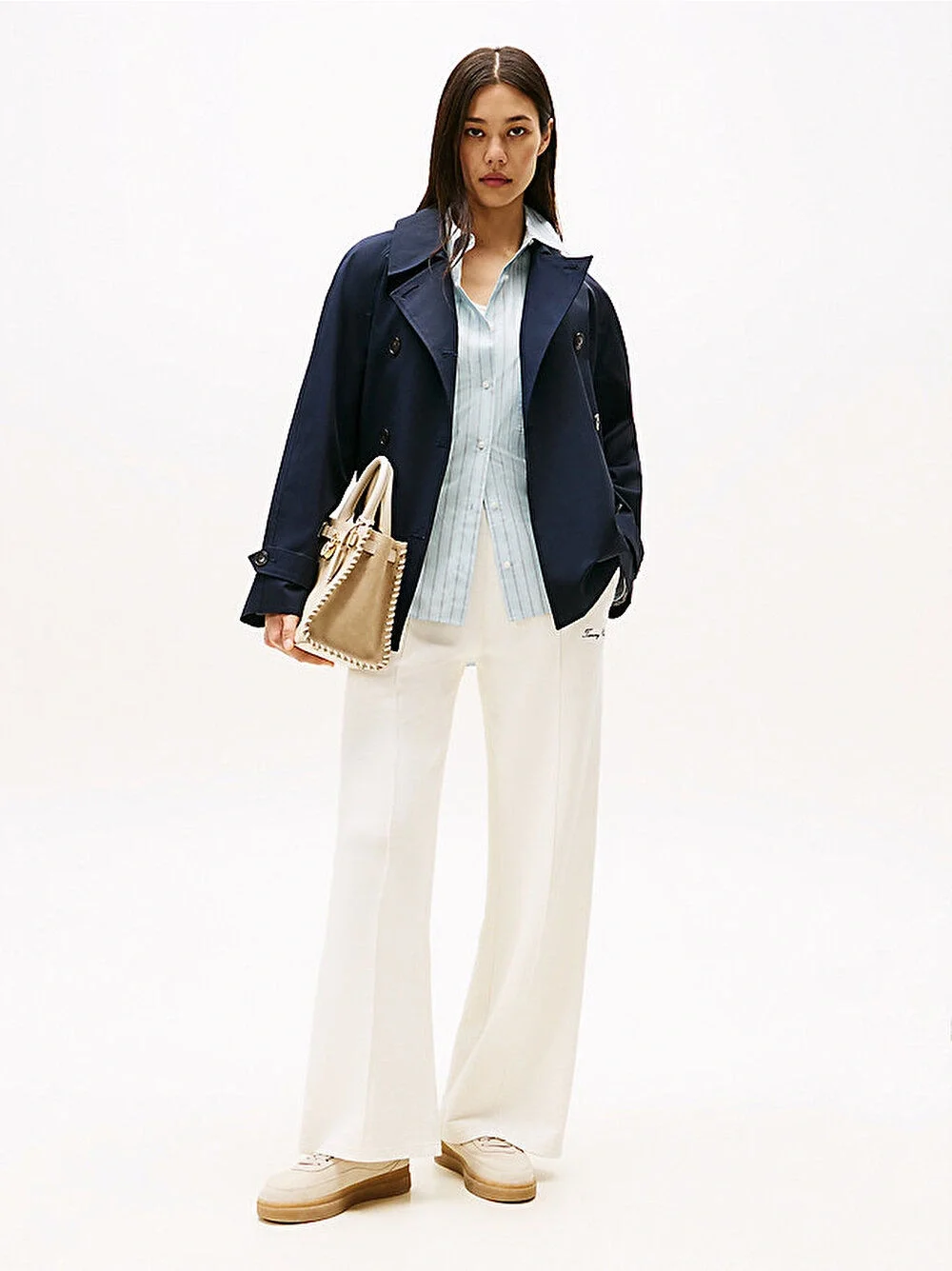 Tommy Hilfiger Kadın Yazı Baskılı Düz Paça Pike Beyaz Eşofman Altı WW0WW45744YA8