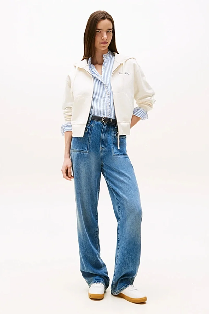 Tommy Hilfiger Kadın Yazı Baskılı Pike Fermuarlı Kapüşonlu Beyaz  Eşofman Üstü WW0WW45742YA8