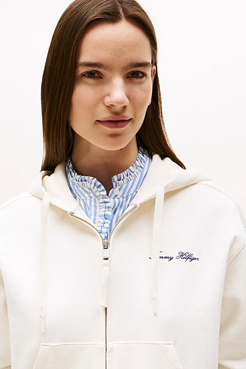 Tommy Hilfiger Kadın Yazı Baskılı Pike Fermuarlı Kapüşonlu Beyaz  Eşofman Üstü WW0WW45742YA8