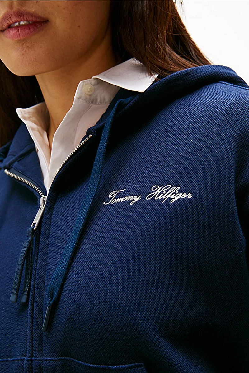 Tommy Hilfiger Kadın Yazı Baskılı Pike Fermuarlı Kapüşonlu Mavi  Eşofman Üstü  WW0WW45742C1G