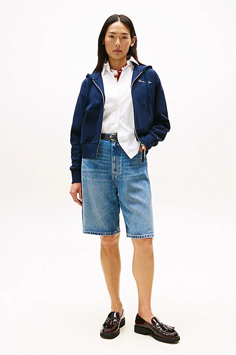 Tommy Hilfiger Kadın Yazı Baskılı Pike Fermuarlı Kapüşonlu Mavi  Eşofman Üstü  WW0WW45742C1G