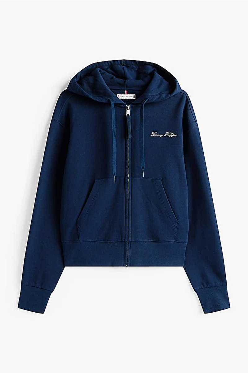 Tommy Hilfiger Kadın Yazı Baskılı Pike Fermuarlı Kapüşonlu Mavi  Eşofman Üstü  WW0WW45742C1G