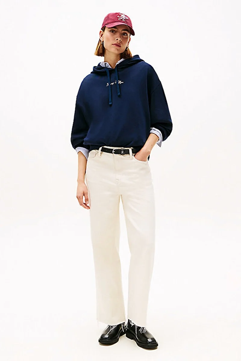 Tommy Hilfiger Klasik Yazı Baskılı Penye Kapüşonlu Kadın Kazak WW0WW48270C1G