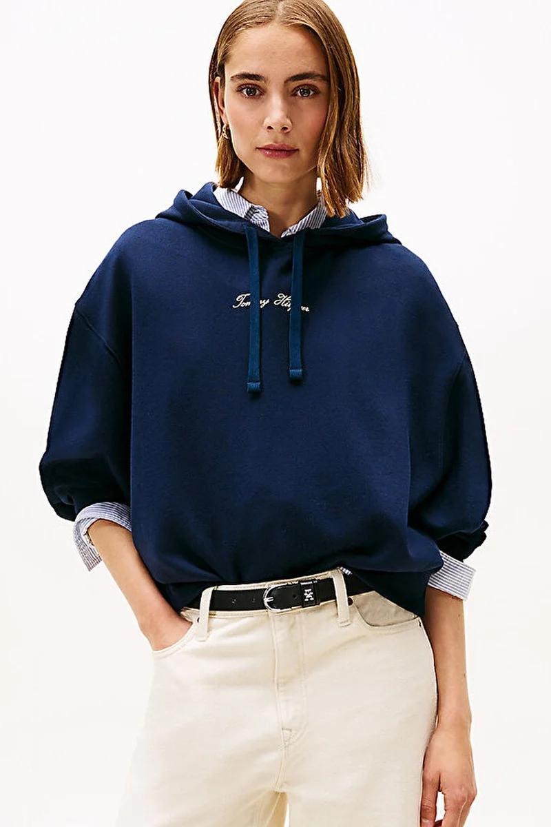Tommy Hilfiger Klasik Yazı Baskılı Penye Kapüşonlu Kadın Kazak WW0WW48270C1G
