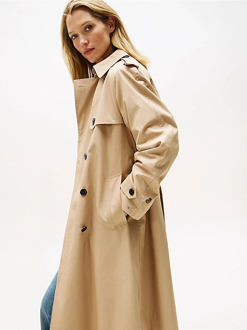 Tommy Hilfiger Pamuklu Normal Kesim Kruvaze Kadın Bej Mont WW0WW46529AEG