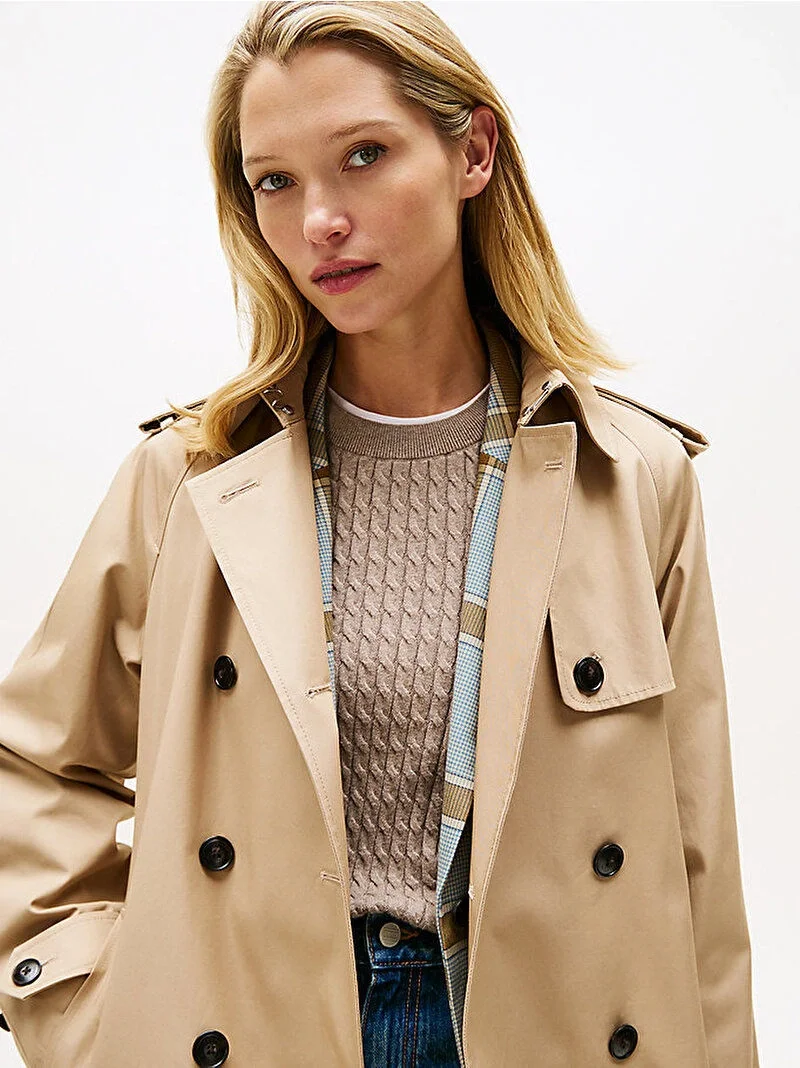 Tommy Hilfiger Pamuklu Normal Kesim Kruvaze Kadın Bej Mont WW0WW46529AEG