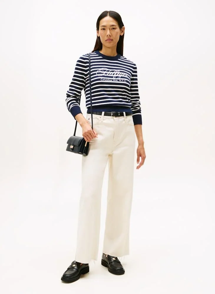 Tommy Hilfiger Pamuklu Penye Grafik Baskılı Bisiklet Yaka Uzun Kollu Kadın Mavi Kazak WW0WW473040BI