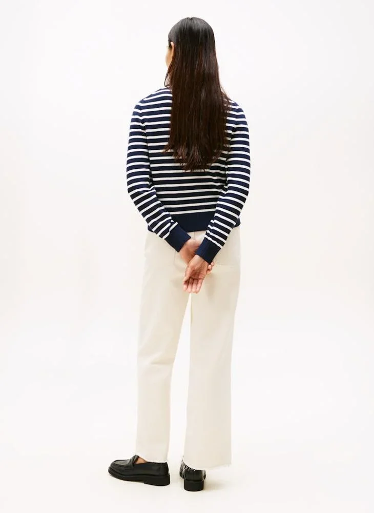 Tommy Hilfiger Pamuklu Penye Grafik Baskılı Bisiklet Yaka Uzun Kollu Kadın Mavi Kazak WW0WW473040BI