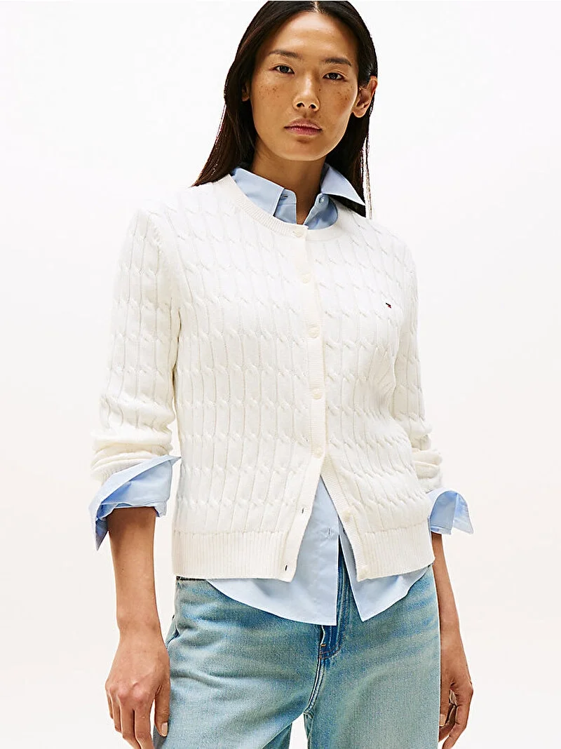 Tommy Hilfiger Pamuklu Saç Örgülü Orta Kalınlıkta Bisiklet Yaka Uzun Kollu Kadın  Hırka  WW0WW46514YA8