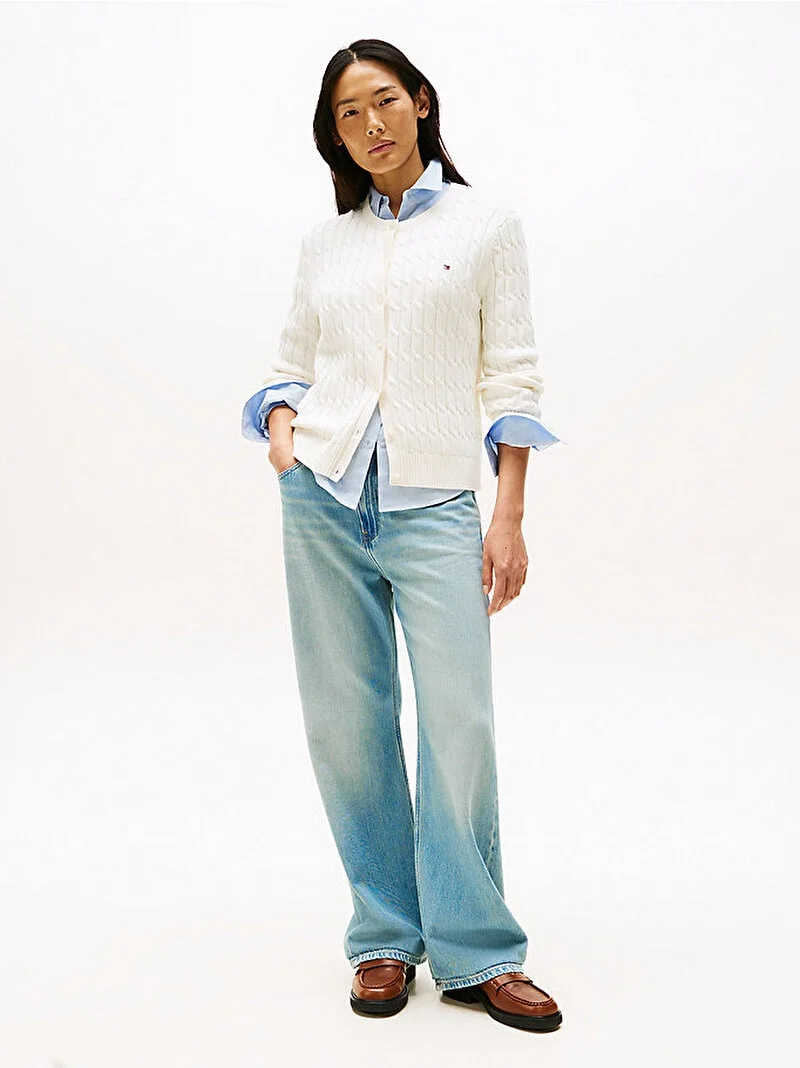 Tommy Hilfiger Pamuklu Saç Örgülü Orta Kalınlıkta Bisiklet Yaka Uzun Kollu Kadın  Hırka  WW0WW46514YA8