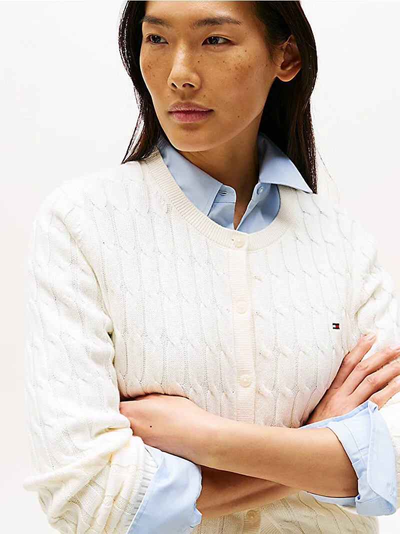 Tommy Hilfiger Pamuklu Saç Örgülü Orta Kalınlıkta Bisiklet Yaka Uzun Kollu Kadın  Hırka  WW0WW46514YA8