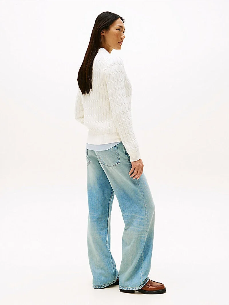 Tommy Hilfiger Pamuklu Saç Örgülü Orta Kalınlıkta Bisiklet Yaka Uzun Kollu Kadın  Hırka  WW0WW46514YA8