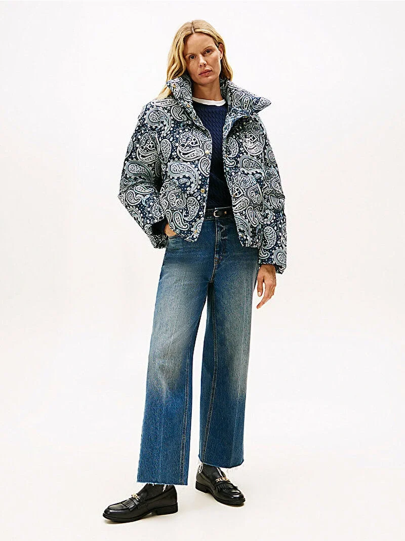 Tommy Hilfiger Tamamı Baskılı Kuş Tüyü Normal Kesim Kadın Mavi  Mont  WW0WW474470ZV