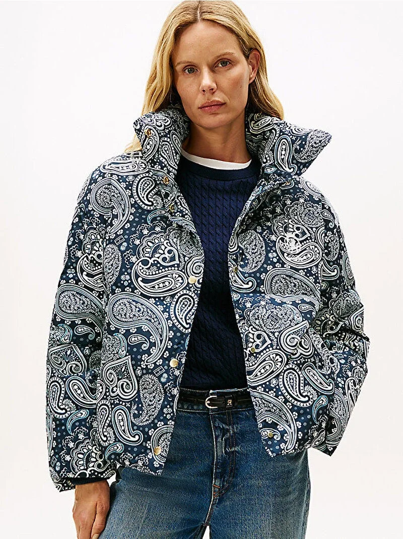 Tommy Hilfiger Tamamı Baskılı Kuş Tüyü Normal Kesim Kadın Mavi  Mont  WW0WW474470ZV