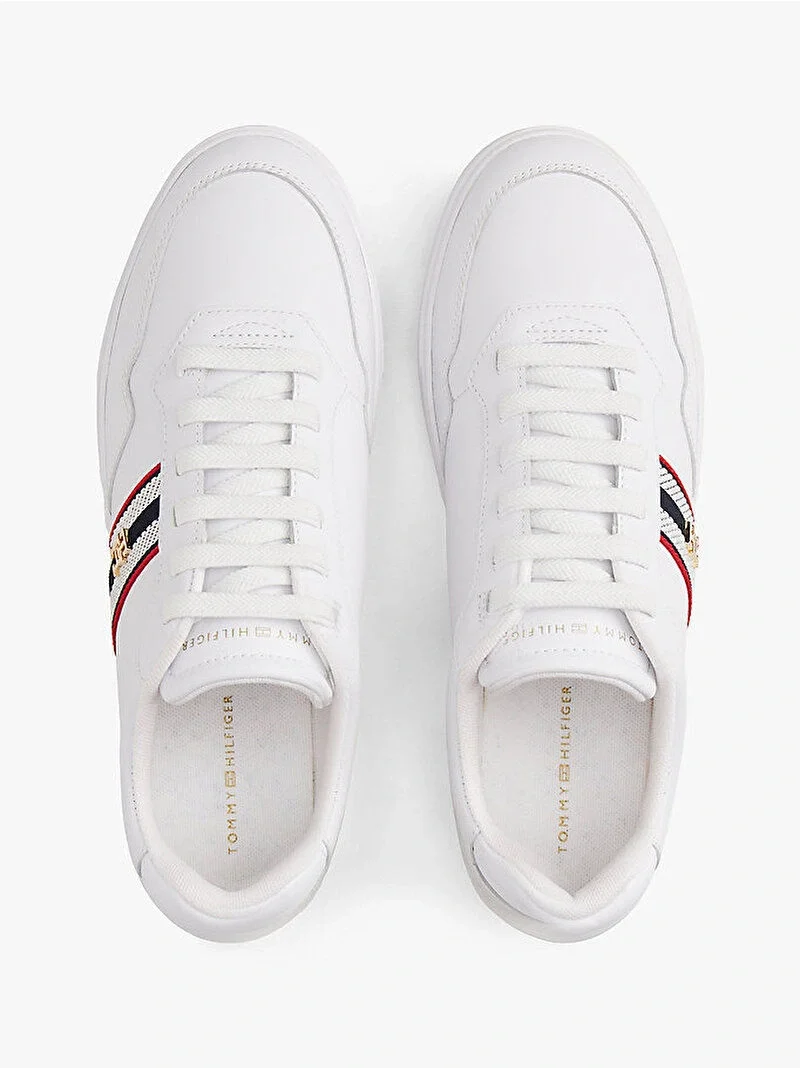 Tommy Hilfiger TH Dokuma Şeritli Düz Taban Kadın Beyaz Sneaker FW0FW09001YBS