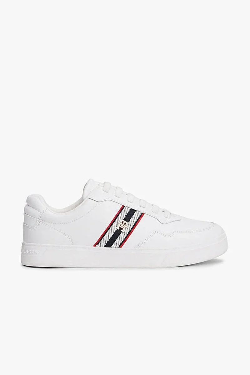 Tommy Hilfiger TH Dokuma Şeritli Düz Taban Kadın Beyaz Sneaker FW0FW09001YBS