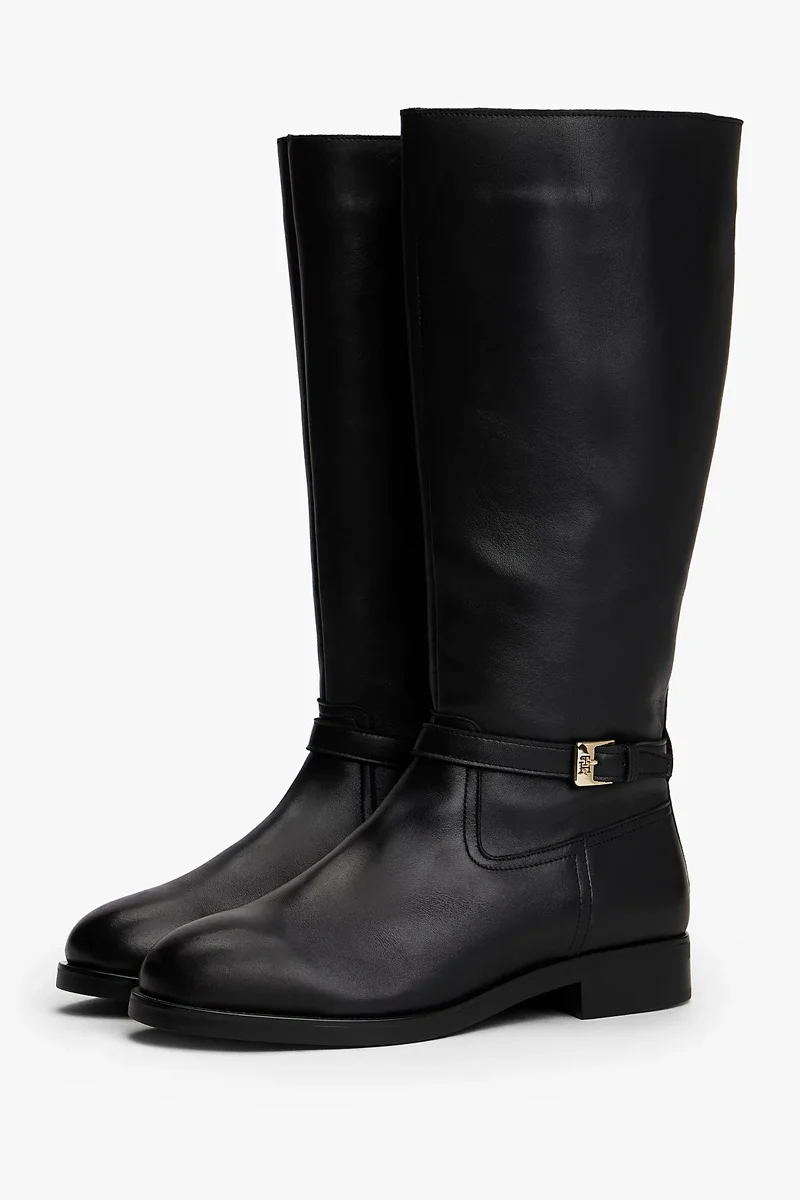 Tommy Hilfiger TH Tokalı Süvari Stili Uzun Deri Kadın Siyah Bot FW0FW08873BDS