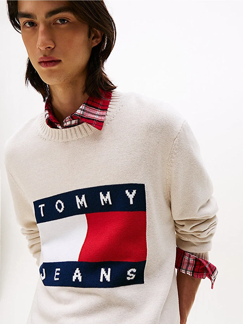 Tommy Hilfiger TJM Normal Kesim Melanj Bayrak Desenli Erkek Bej Kazak DM0DM22105AFN