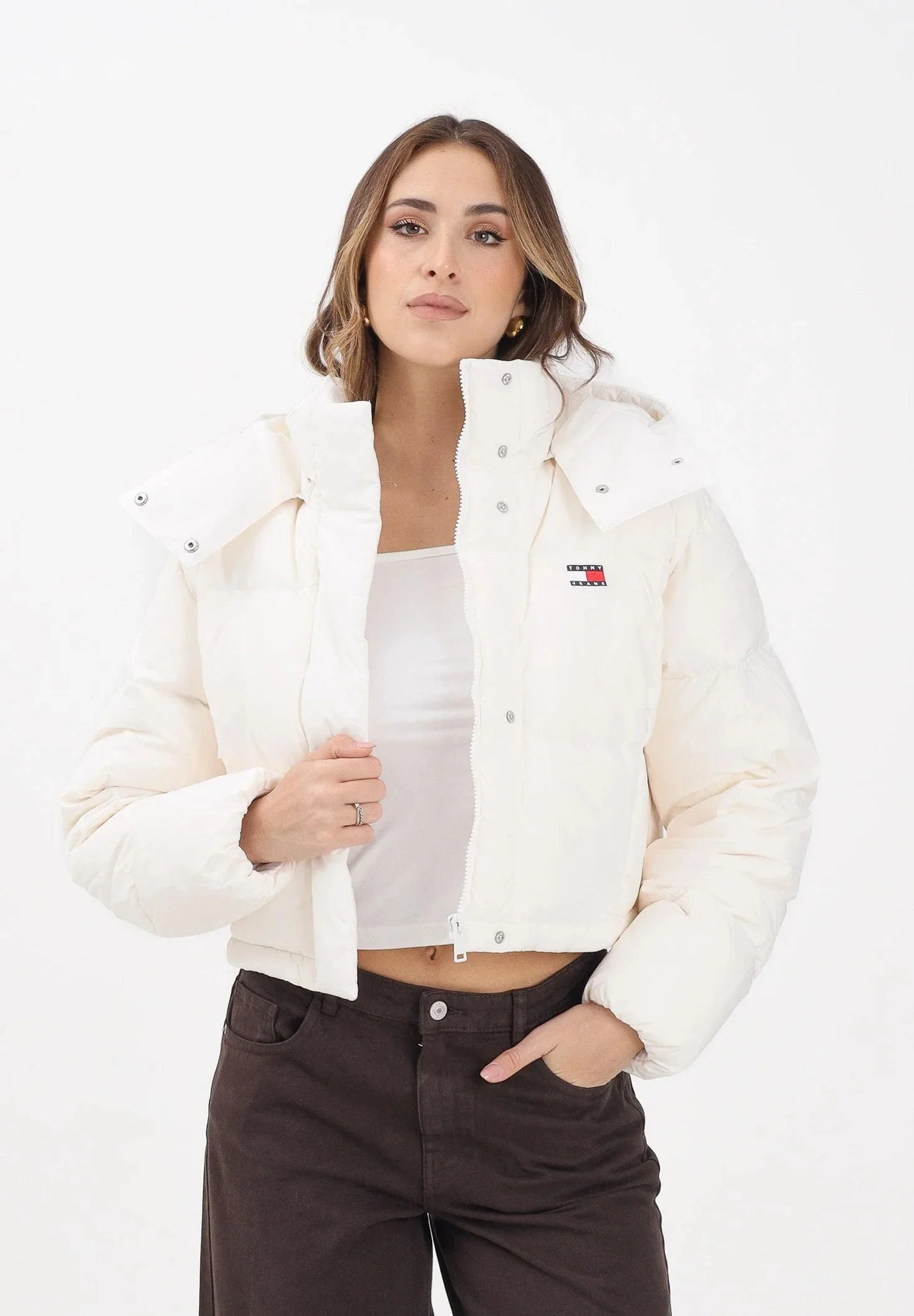 Tommy Hilfiger TJW Alaska Grid Kısa Kuş Tüyü Kadın Beyaz  Mont  DW0DW21624YBH