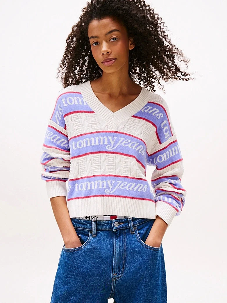 Tommy Hilfiger TJW Çizgili Logolu Kadın Beyaz Kazak DW0DW21682YBH