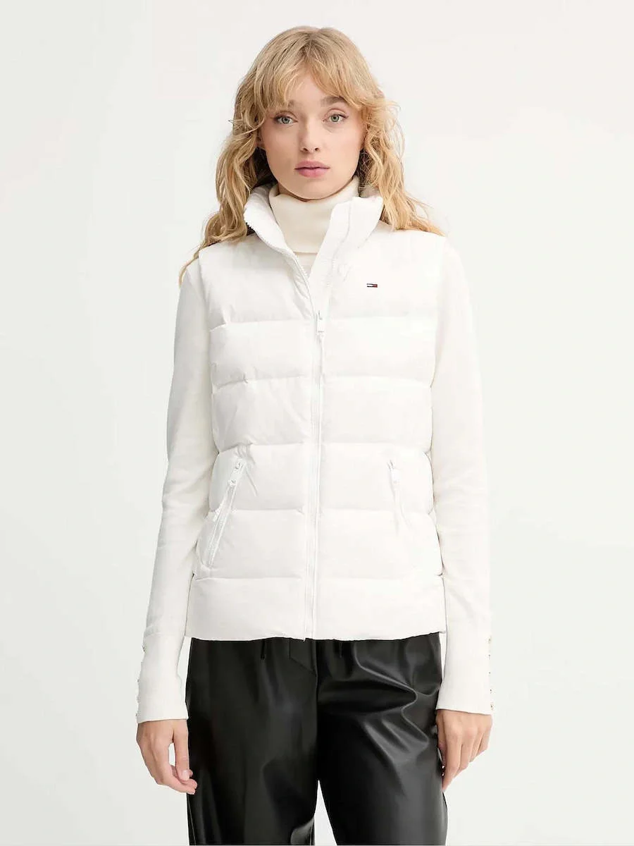 Tommy Hilfiger TJW Dar Kesim Fermuarlı Baskılı Kuş Tüyü Kadın Beyaz Yelek DW0DW21622YBL