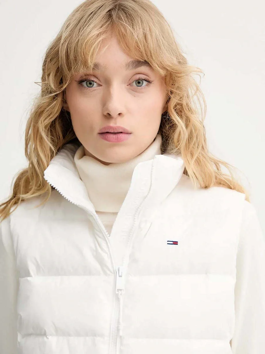 Tommy Hilfiger TJW Dar Kesim Fermuarlı Baskılı Kuş Tüyü Kadın Beyaz Yelek DW0DW21622YBL