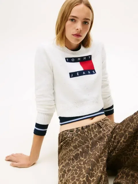 Tommy Hilfiger TJW Işıltılı Bayrak Desenli Kadın Beyaz Kazak DW0DW21690YBH