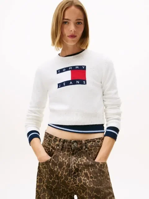 Tommy Hilfiger TJW Işıltılı Bayrak Desenli Kadın Beyaz Kazak DW0DW21690YBH