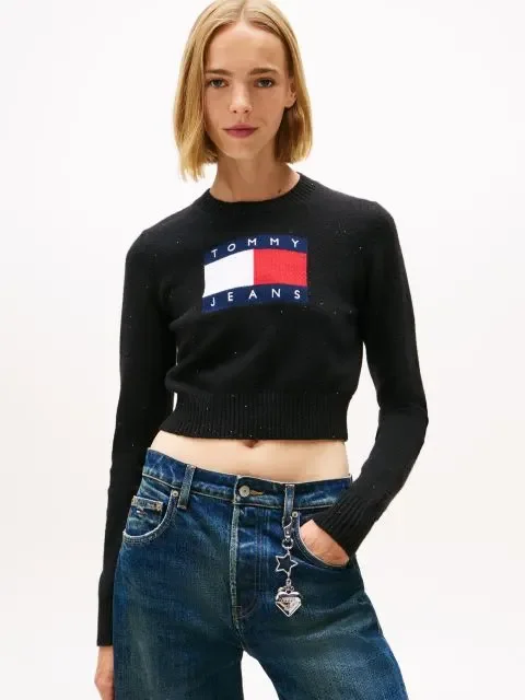 Tommy Hilfiger TJW Işıltılı Bayrak Desenli Kadın Siyah Kazak DW0DW21690BDS