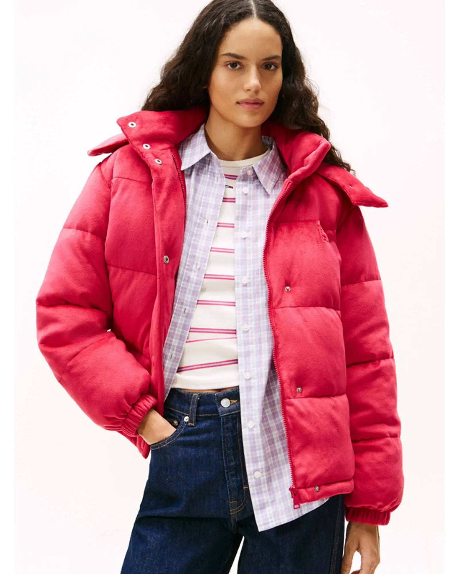 Tommy Hilfiger TJW Kapitone Kadife Şişme Kadın Kırmızı  Mont  DW0DW21668XJP