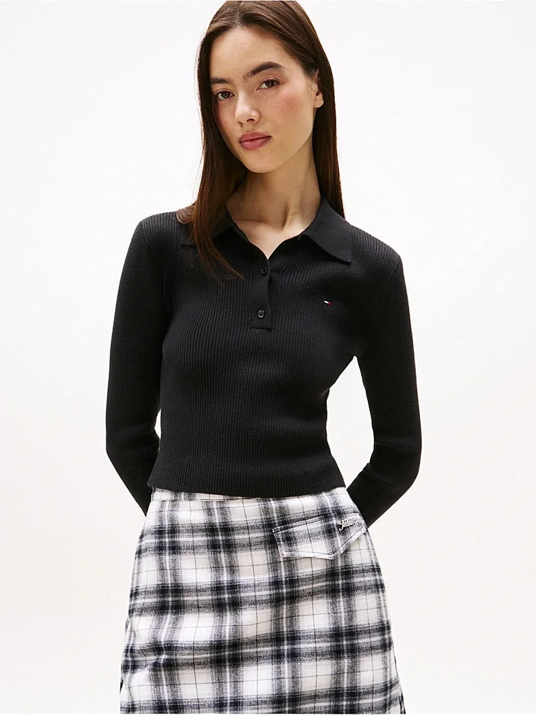 Tommy Hilfiger TJW Klasik Polo Uzun Kollu Kadın Siyah Kazak DW0DW21829BDS