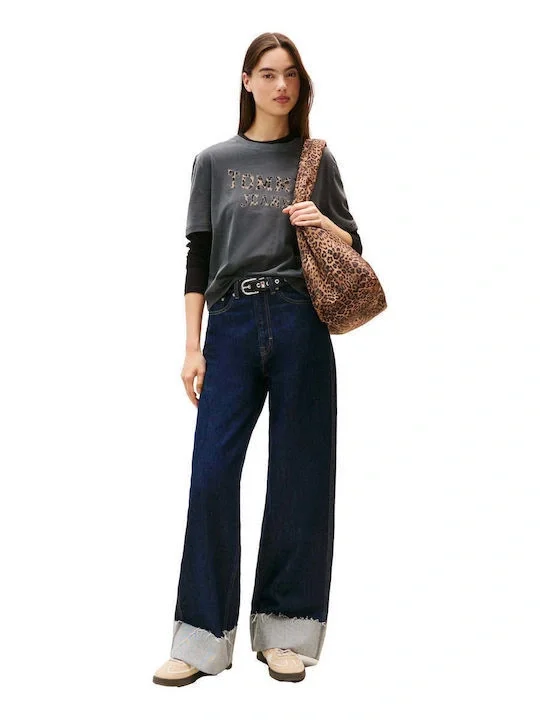 Tommy Hilfiger TJW Kutu Kesim Leopar Desenli Kolej Stili Kadın Siyah T-shirt DW0DW21957BDS