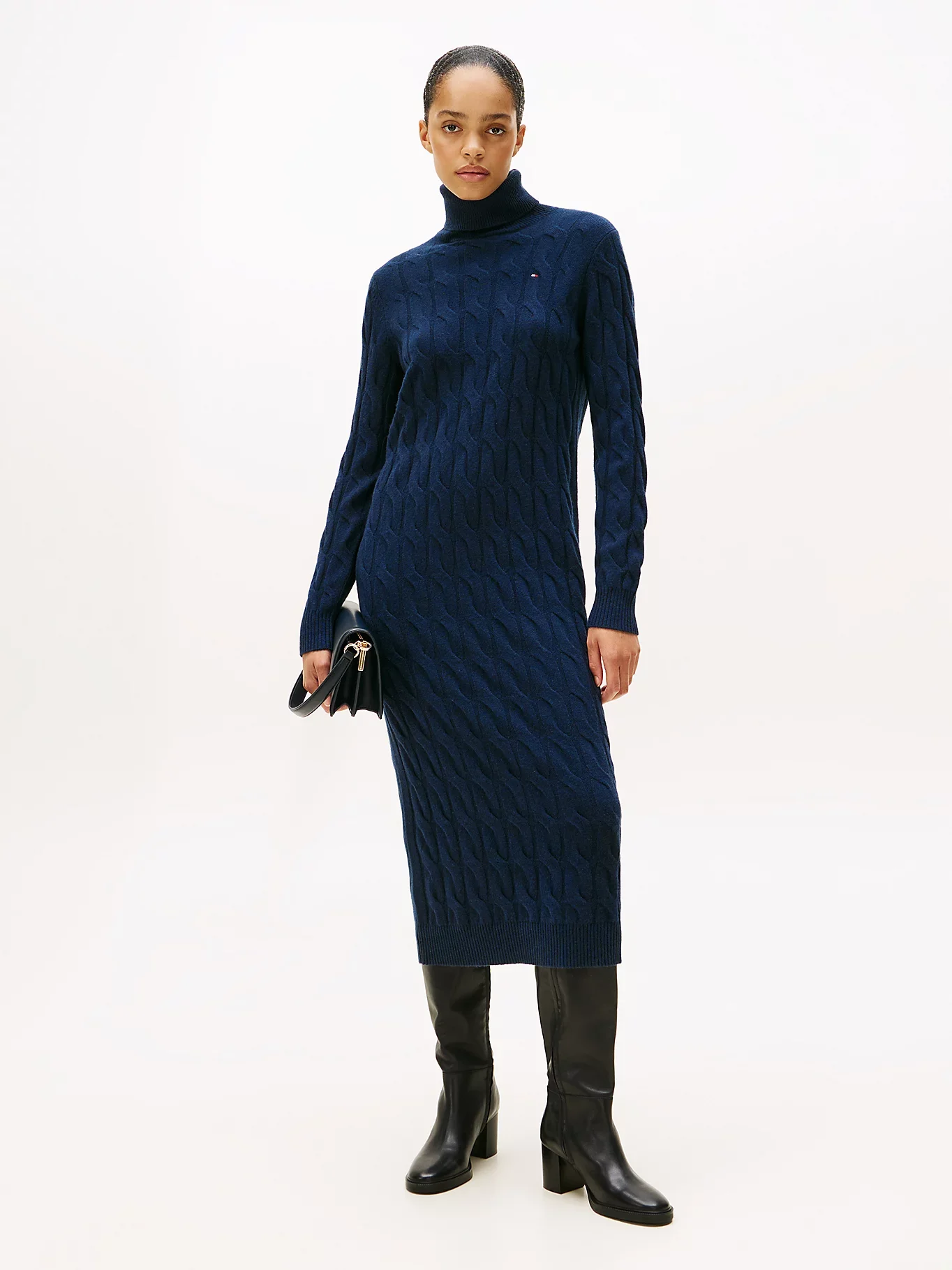 Tommy Hilfiger Yumuşak Yün Saç Örgülü Balıkçı Yaka Uzun Kollu Kadın Mavi Elbise WW0WW46429C1G