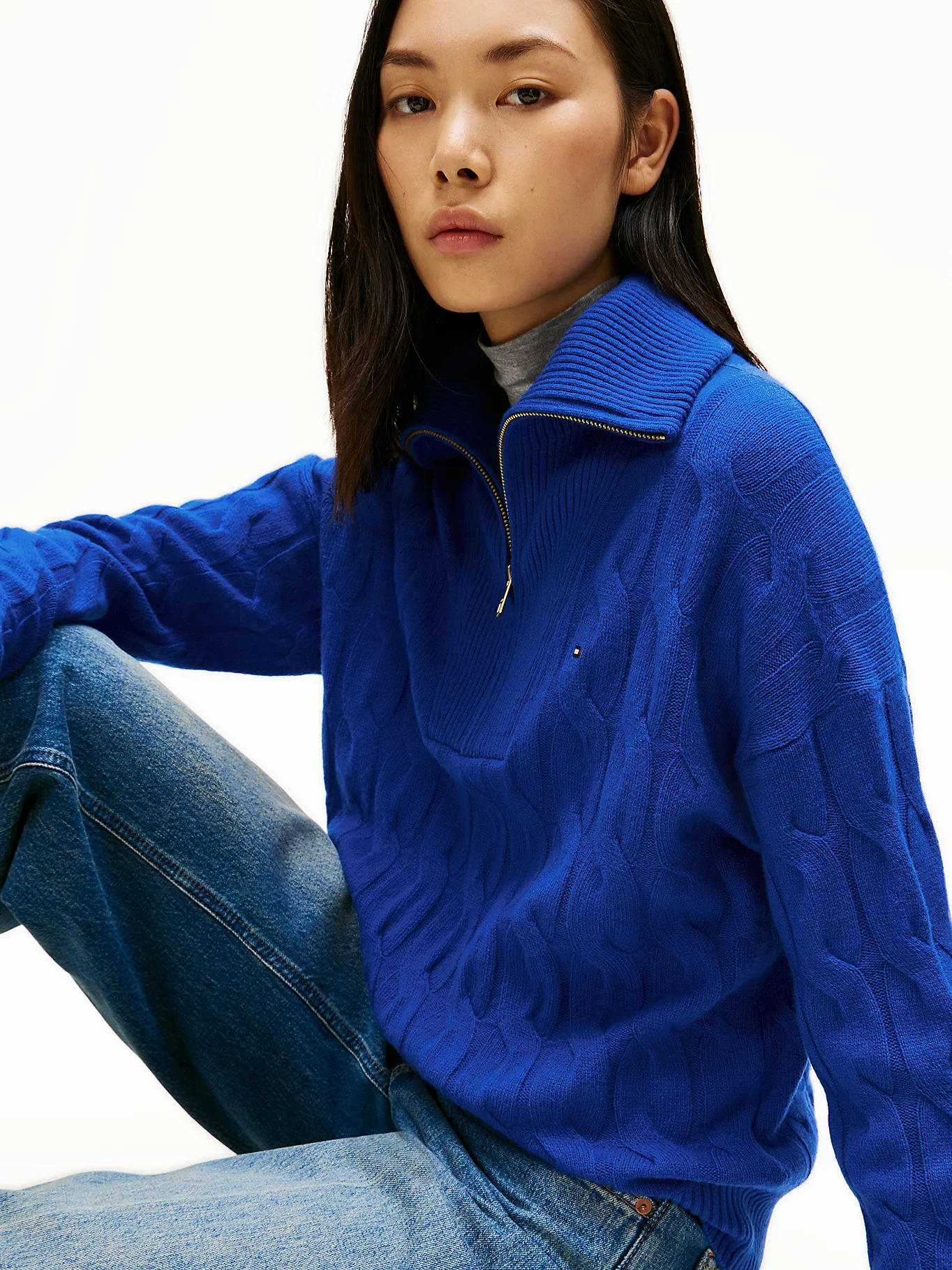 Tommy Hilfiger Yumuşak Yün Saç Örgülü Yarım Fermuarlı Uzun Kollu Kadın Mavi Kazak WW0WW46425C65